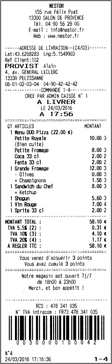 ticket de caisse du logiciel de caisse tactile NESTOR